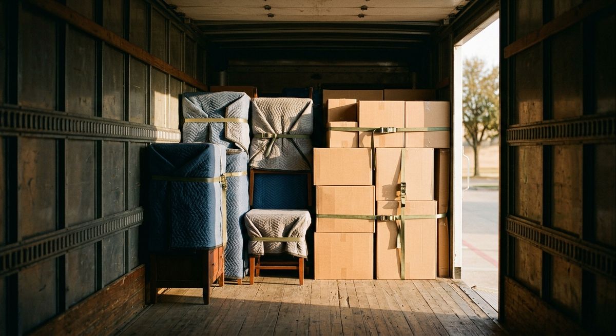 Inside a moving truck, blanket-wrapped furniture and stacked boxes strapped in place