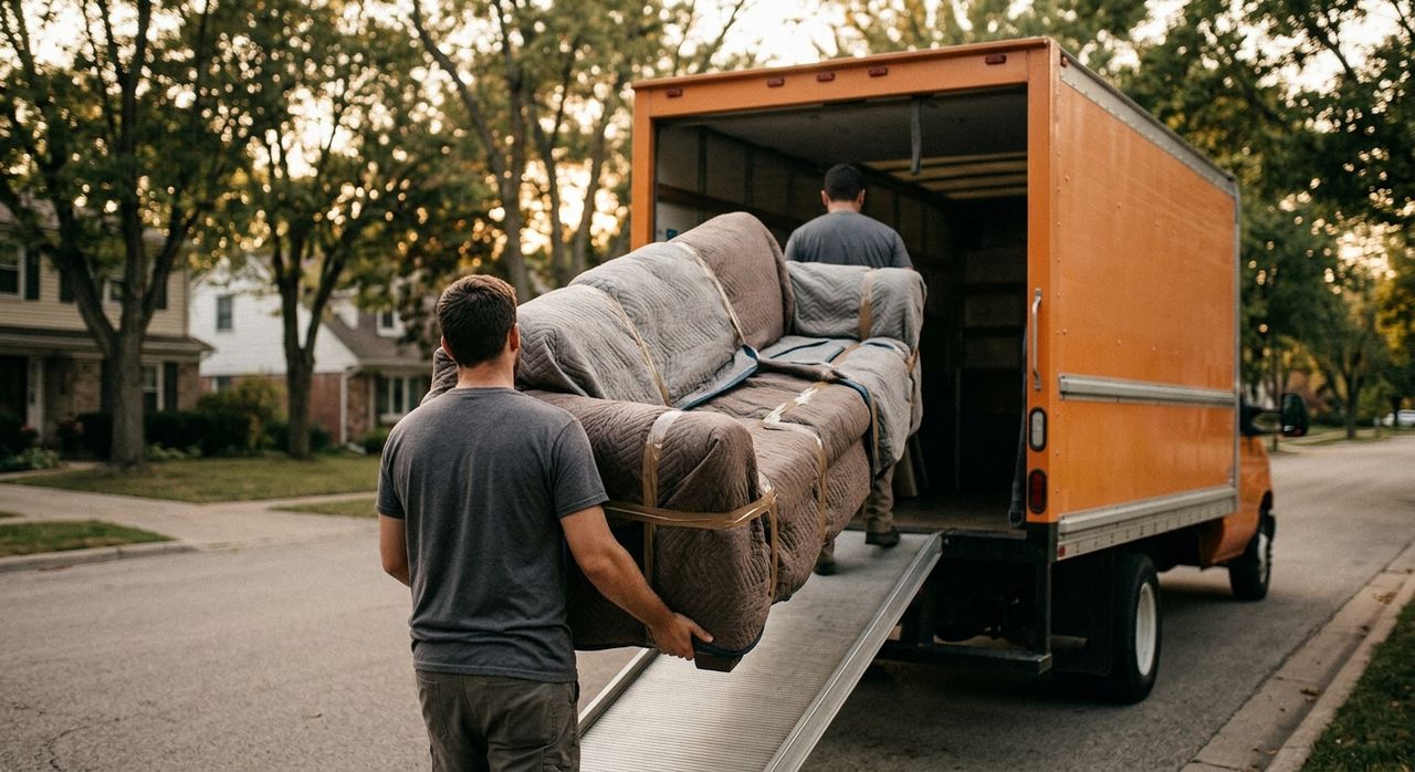 Two movers carrying a blanket-wrapped sofa up the ramp of an orange moving truck at golden hour