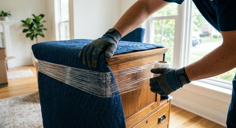 Gloved hands wrapping a wooden dresser in a quilted moving blanket with stretch film